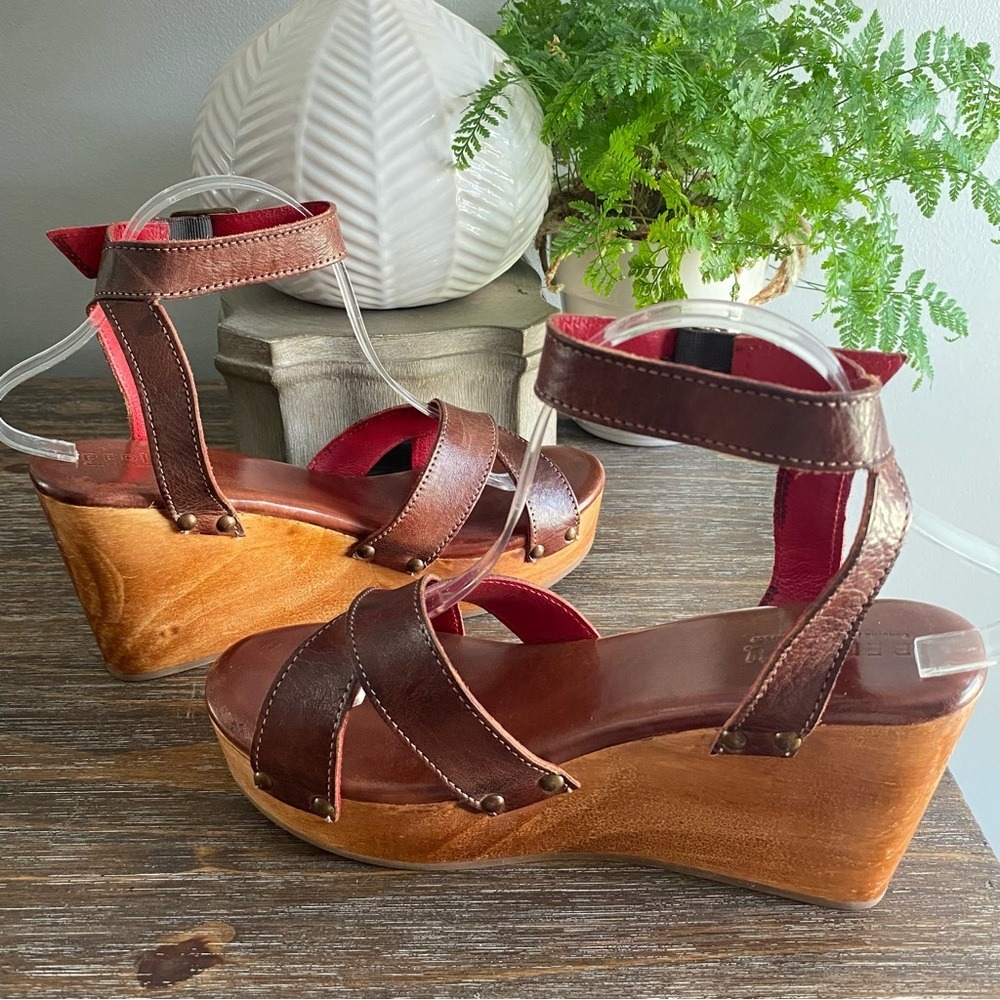 Bed|Stu Grettell Leather Wood Platform Studded Wedge Sandals 10 Brown Burgundy - Picture 4 of 12